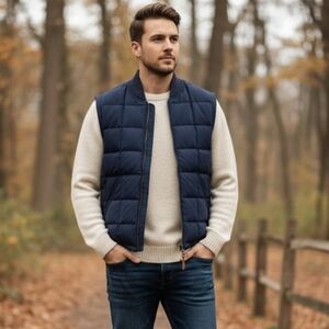 Best Made Co. Navy Quilted Down-Filled Vest -Bomber Knit Neck Pockets Medium